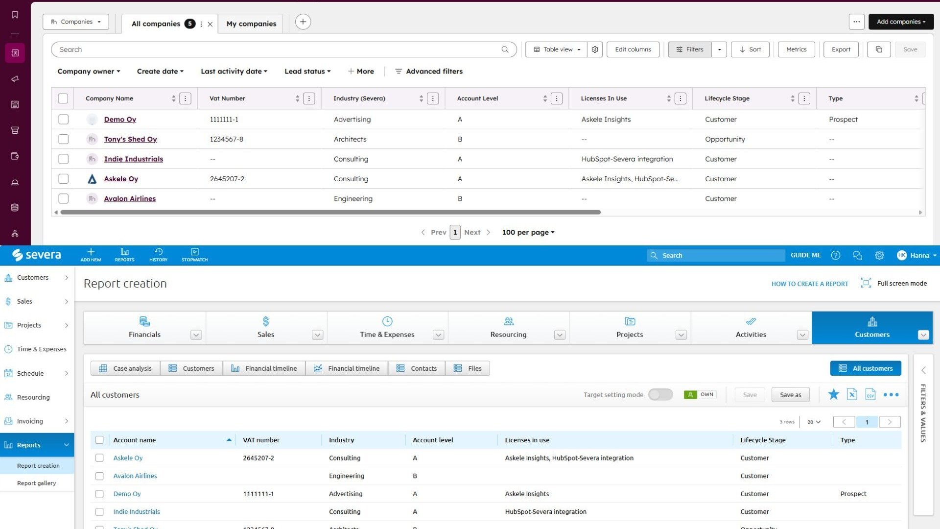 Customers and companies synced